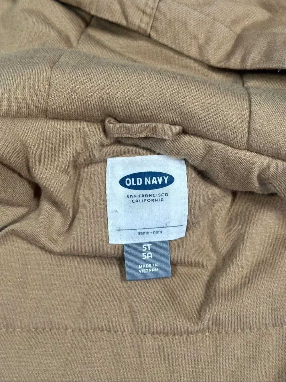 old navy toddler boys 5T Hooded Utility Jacket tan brown coat quilted lined